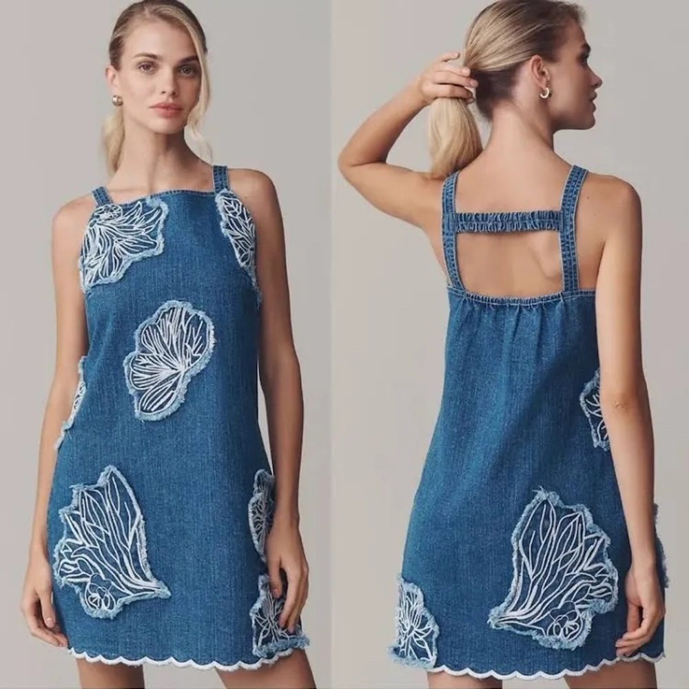 NWT Anthropologie | Women’s Blue Denim Embroidered Floral Mini Dress Size XS